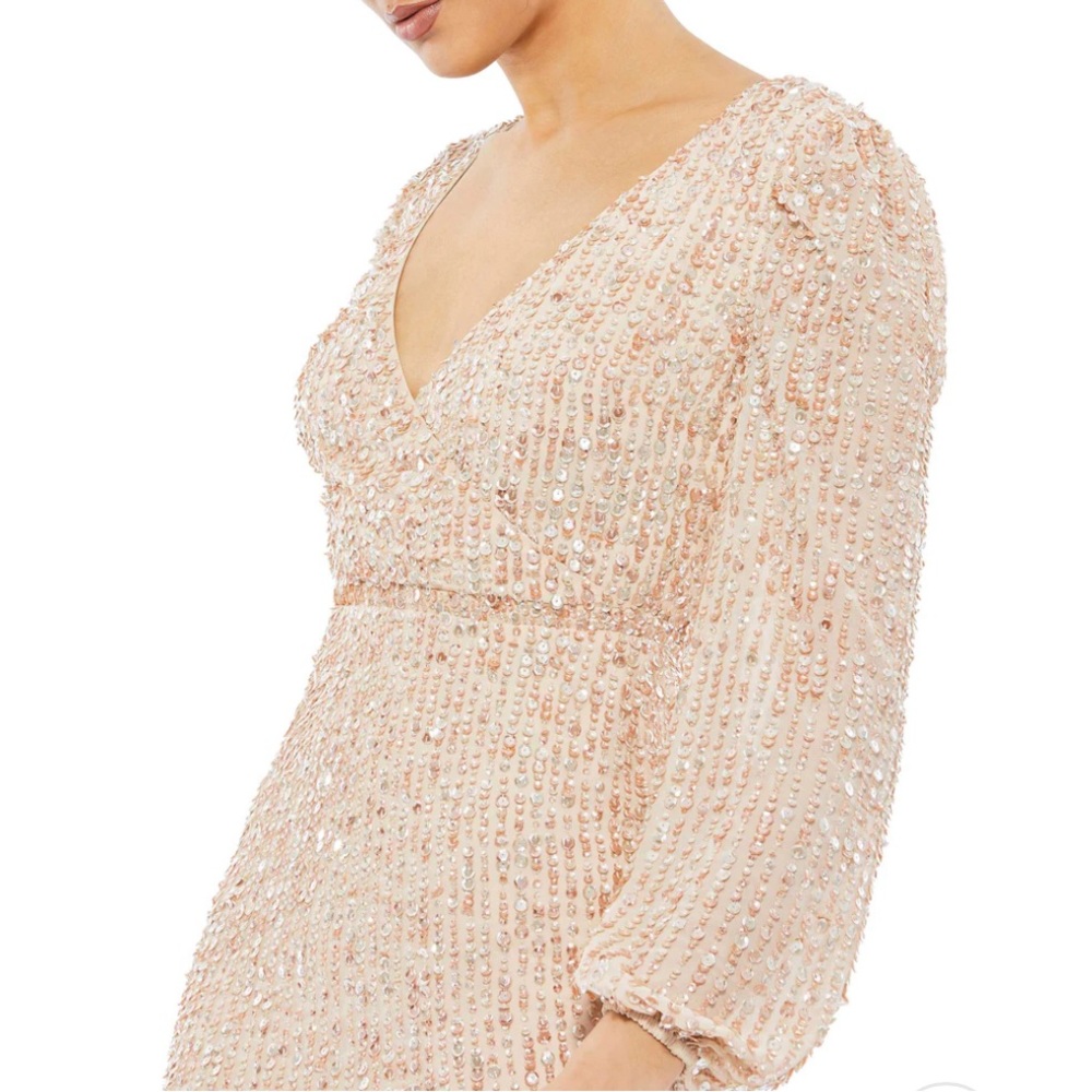 Mac Duggal SEQUINED ILLUSION PUFF SLEEVE V NECK MIDI DRESS, size 14 - Picture 3 of 12